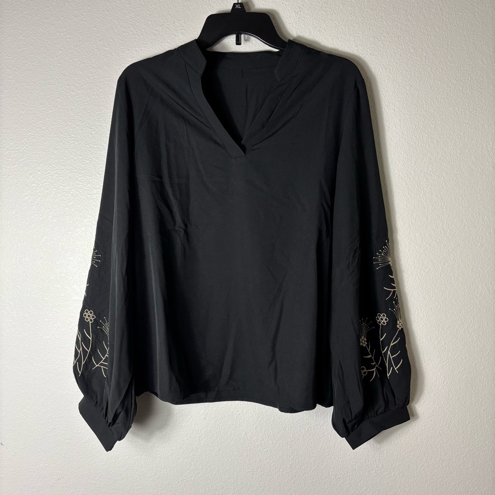 SHEIN Women’s Black Long Sleeve Embroidered Women's Collared Blouse size Large
